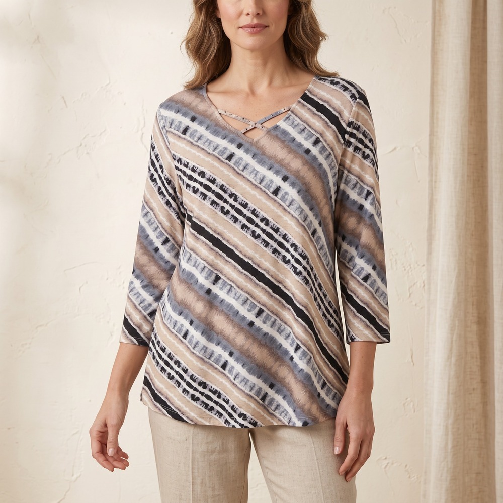 Ruby Rd Artsy Abstract Striped Knit Top Neutral Whimsigoth Lagenlook Earthy L